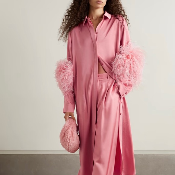 Lapointe Dresses & Skirts - Lapointe Feather-trimmed Satin Midi Shirt Dress